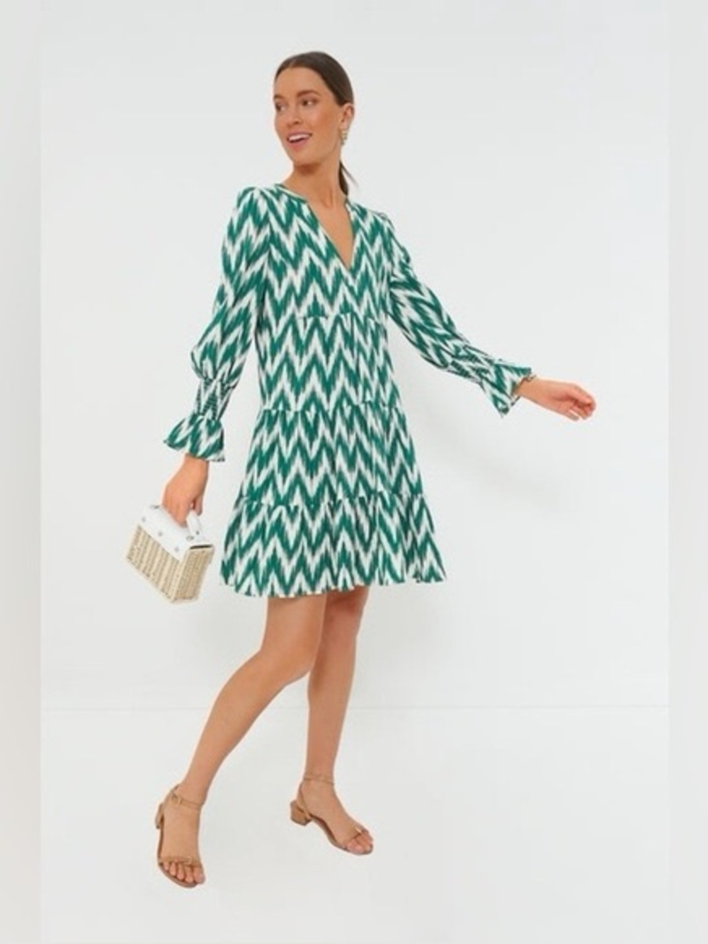 Pomander Place Ikat Kenzo Green White Chevron Dress Size XS